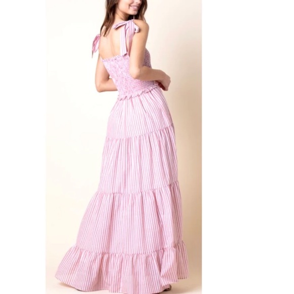 New: Mable Pink and White Tiered Maxi Dress. Smocked Back. Size Large - Picture 6 of 15